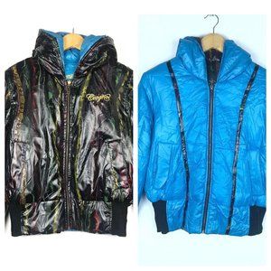 COOGI VTG 90s Reversible Black & Blue Logo Puffer Hooded Crop Jacket size Large